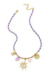 Colorful cord necklace with varying pendants purple