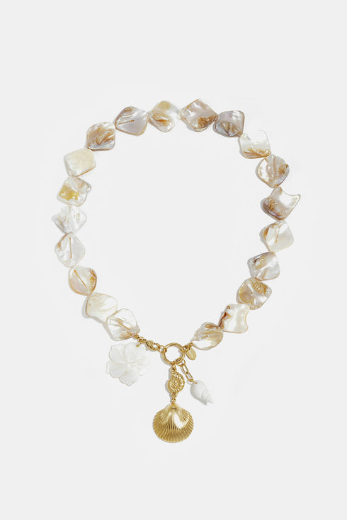 Necklace with shells, sea charms and gold shell charm